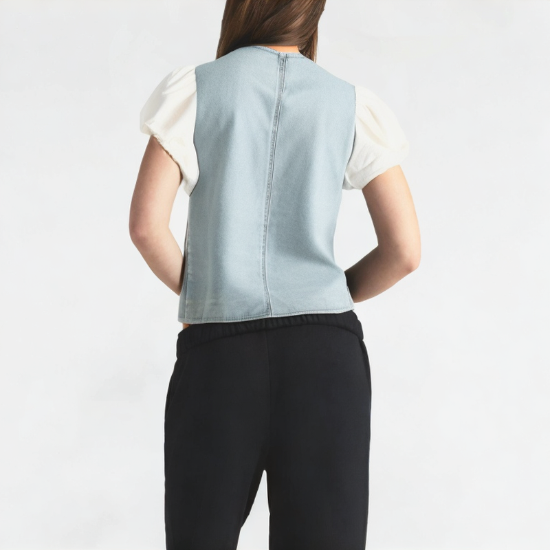 Puff Sleeve V-Neck Denim Short-Sleeve