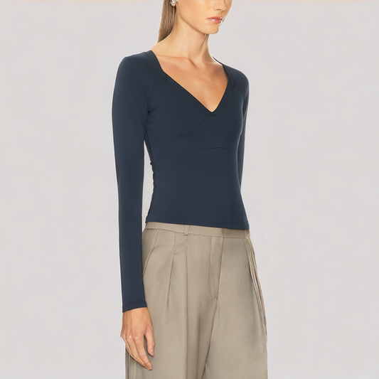 V Neck Solid Color Long-Sleeved Top