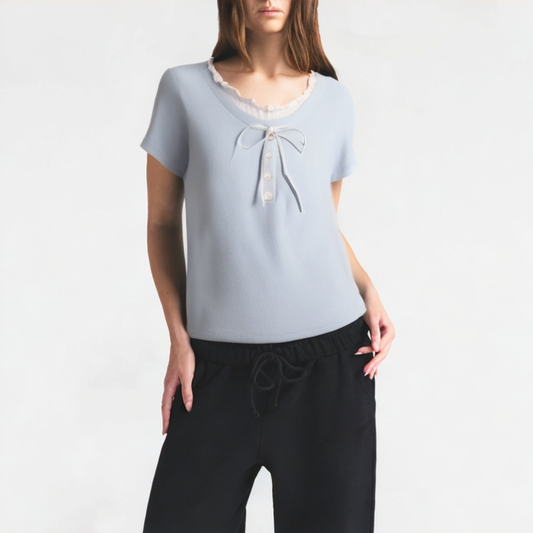 Contrasting Color Doll Collar Bow Short Sleeves