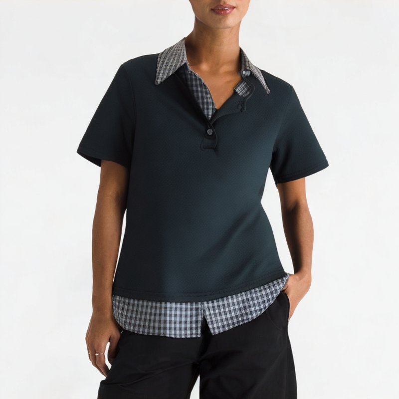 College Style Contrast Lapel Short Sleeves