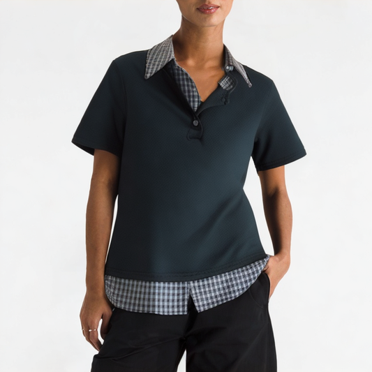 College Style Contrast Lapel Short Sleeves