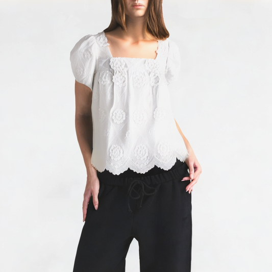 Three-Dimensional Flower Square Neck Short Sleeves