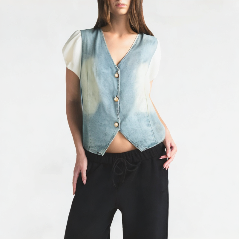 Puff Sleeve V-Neck Denim Short-Sleeve
