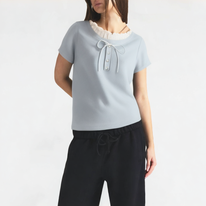 Contrasting Color Doll Collar Bow Short Sleeves