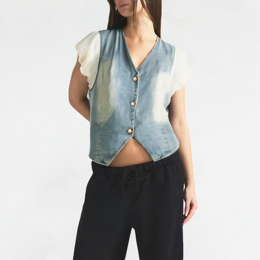 Puff Sleeve V-Neck Denim Short-Sleeve