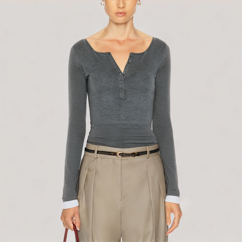 Contrast Color False Two Piece Long Sleeved Top