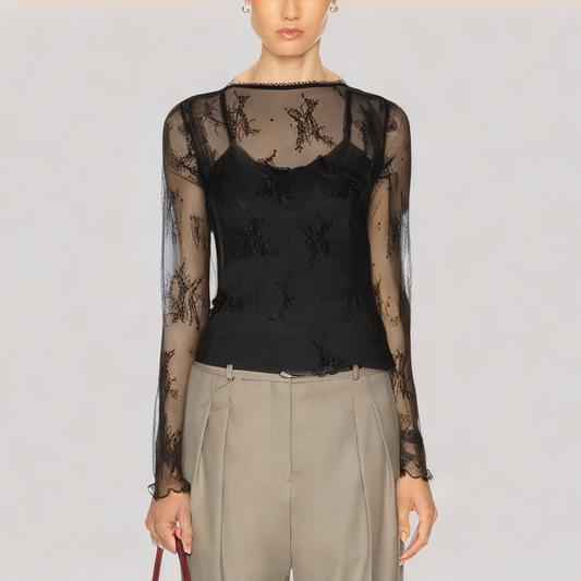 Jacquard Lace V Neck Long Sleeved Top
