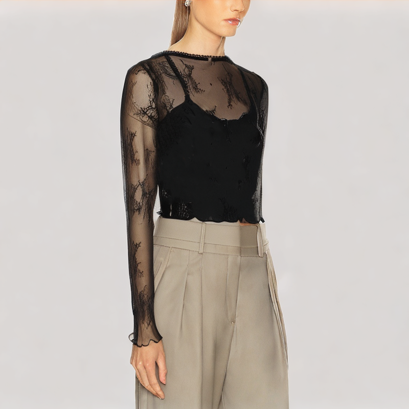Jacquard Lace V Neck Long Sleeved Top