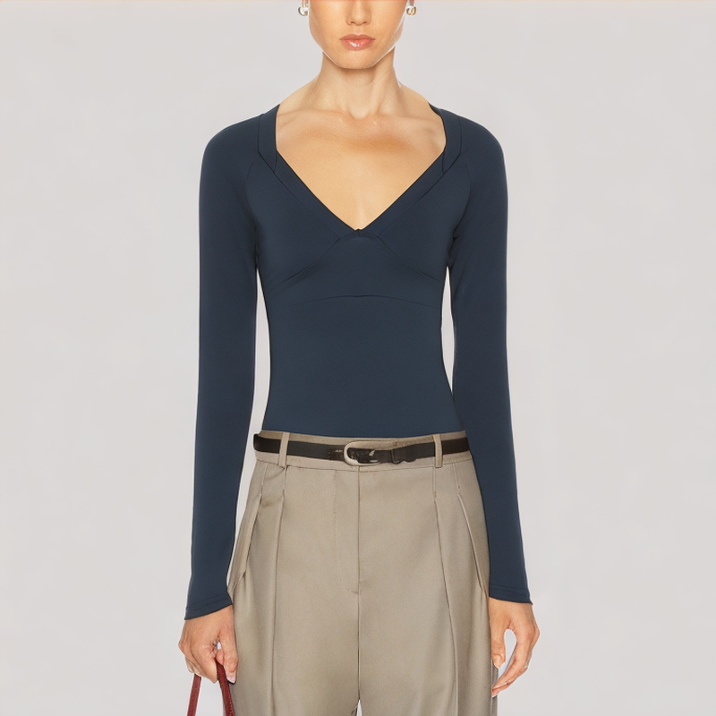 V Neck Solid Color Long-Sleeved Top