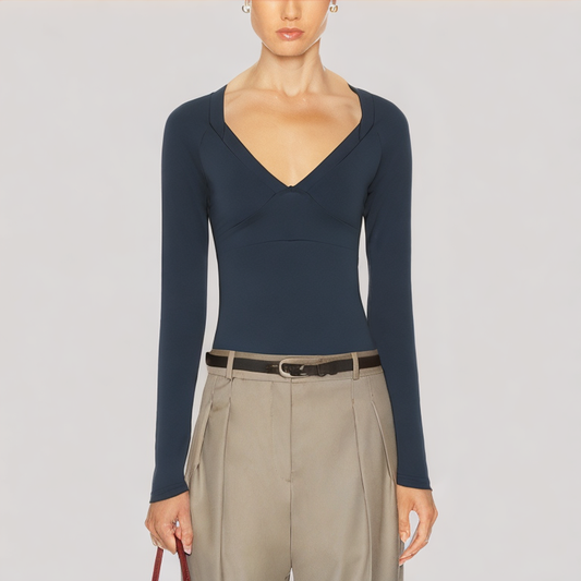V Neck Solid Color Long-Sleeved Top