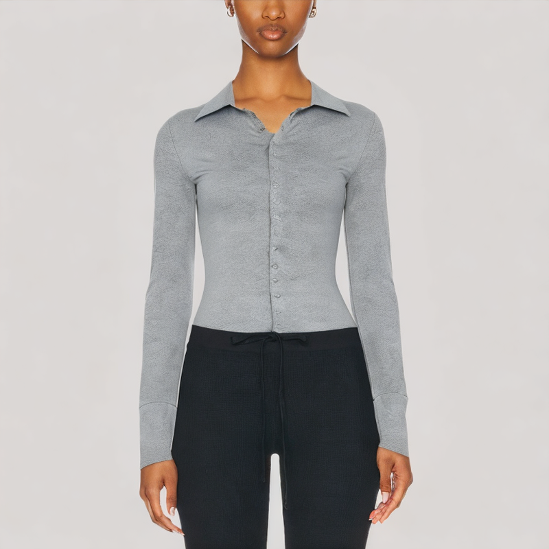 Gray Versatile Lapel Long Sleeved Top