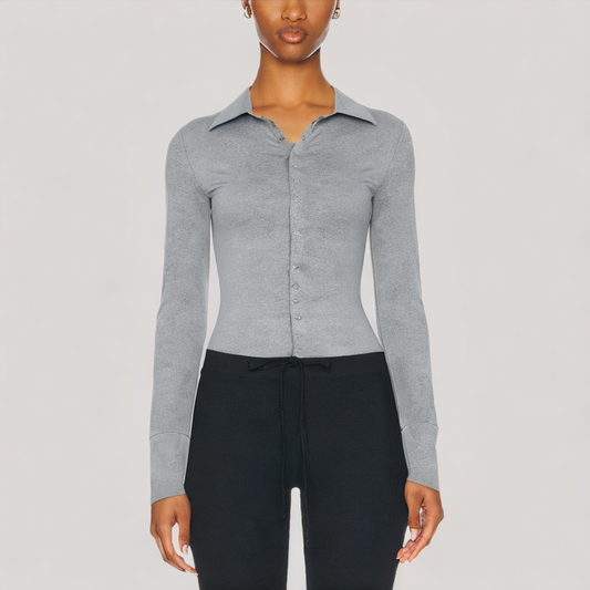 Gray Versatile Lapel Long Sleeved Top
