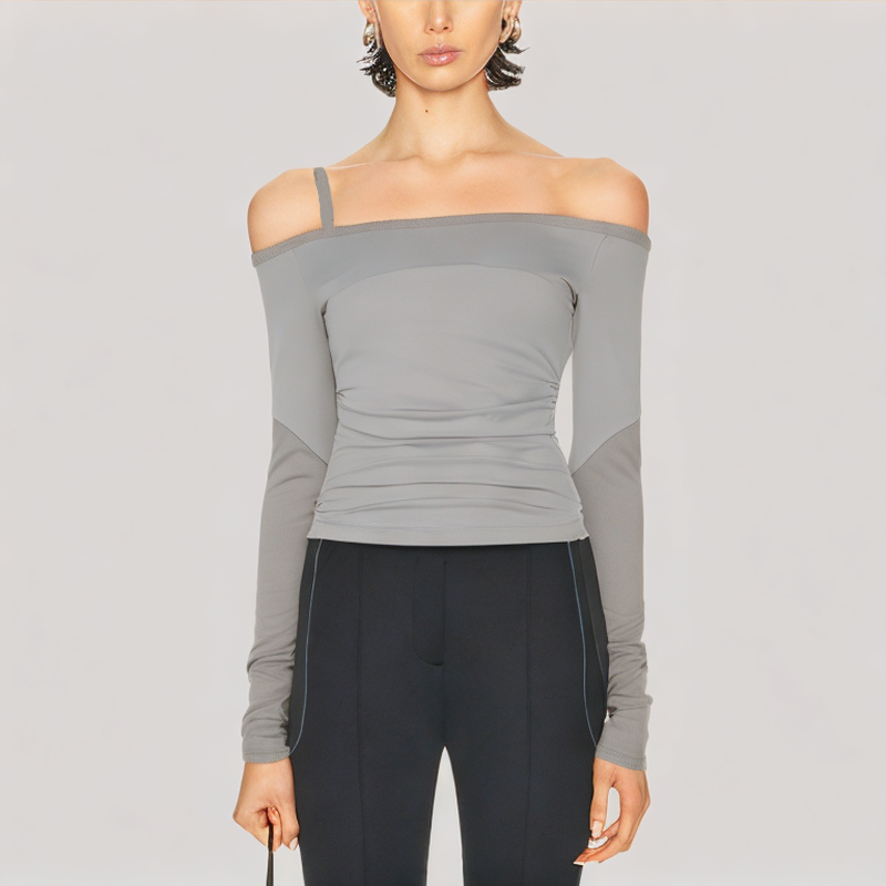 Solid Color Shirred Long Sleeved Top